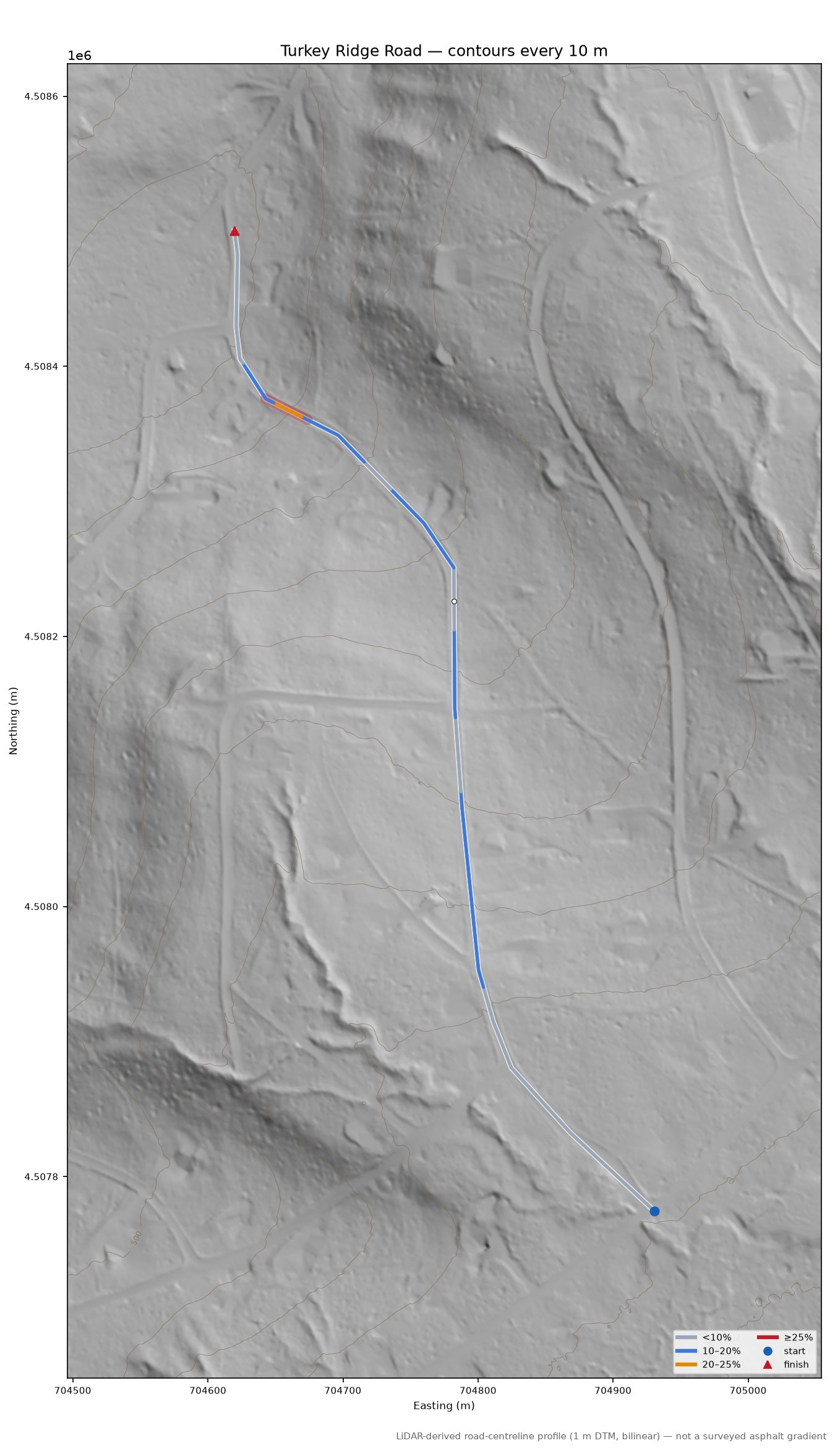 Turkey Ridge Road LiDAR hillshade map with contours