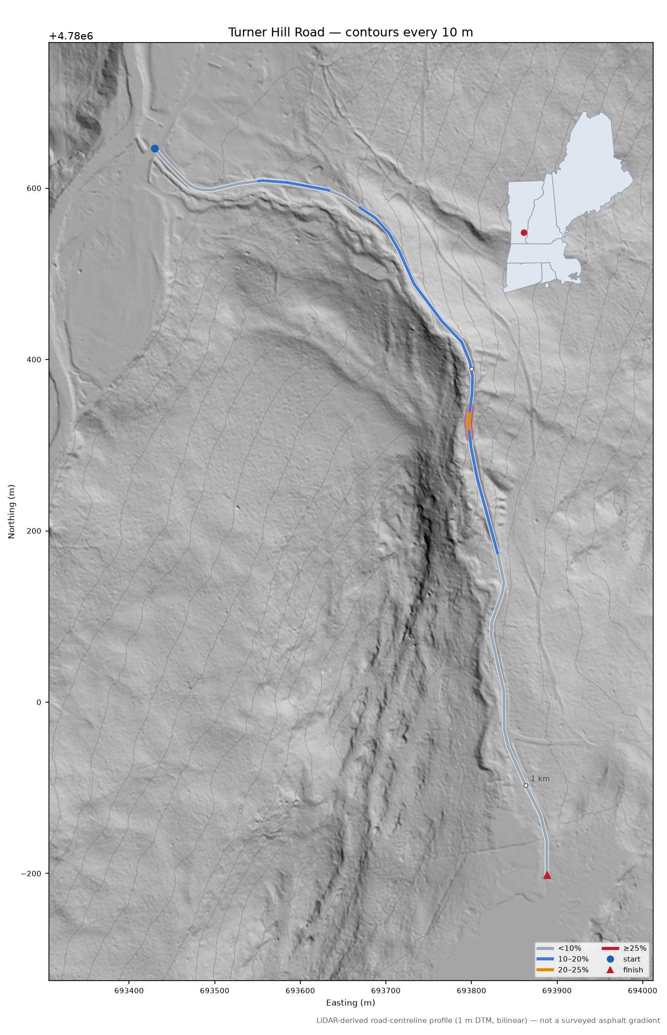 Turner Hill Road LiDAR hillshade map with contours