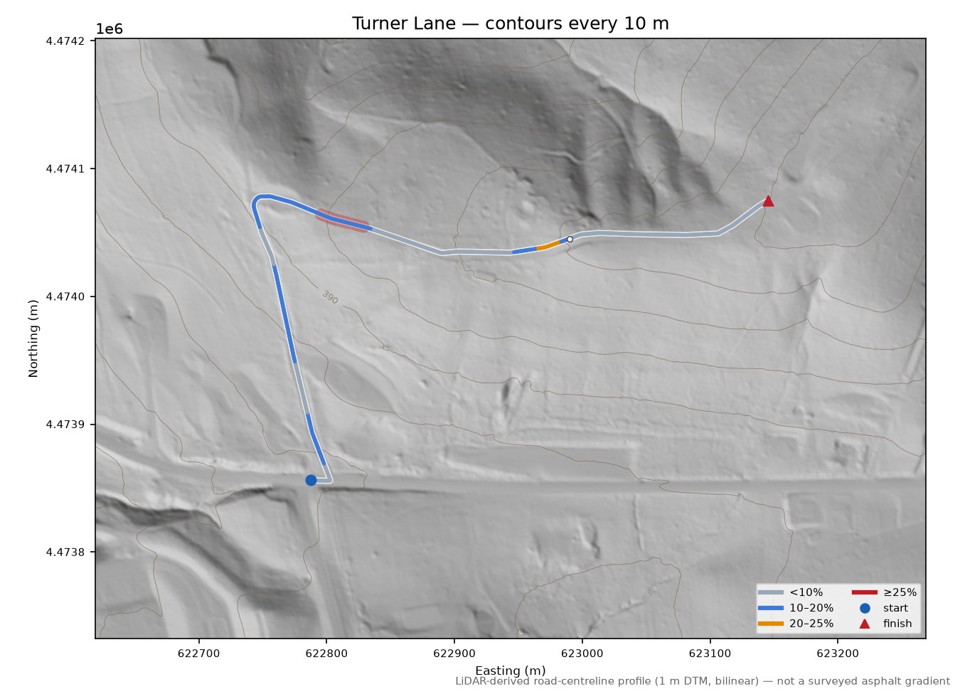 Turner Lane LiDAR hillshade map with contours
