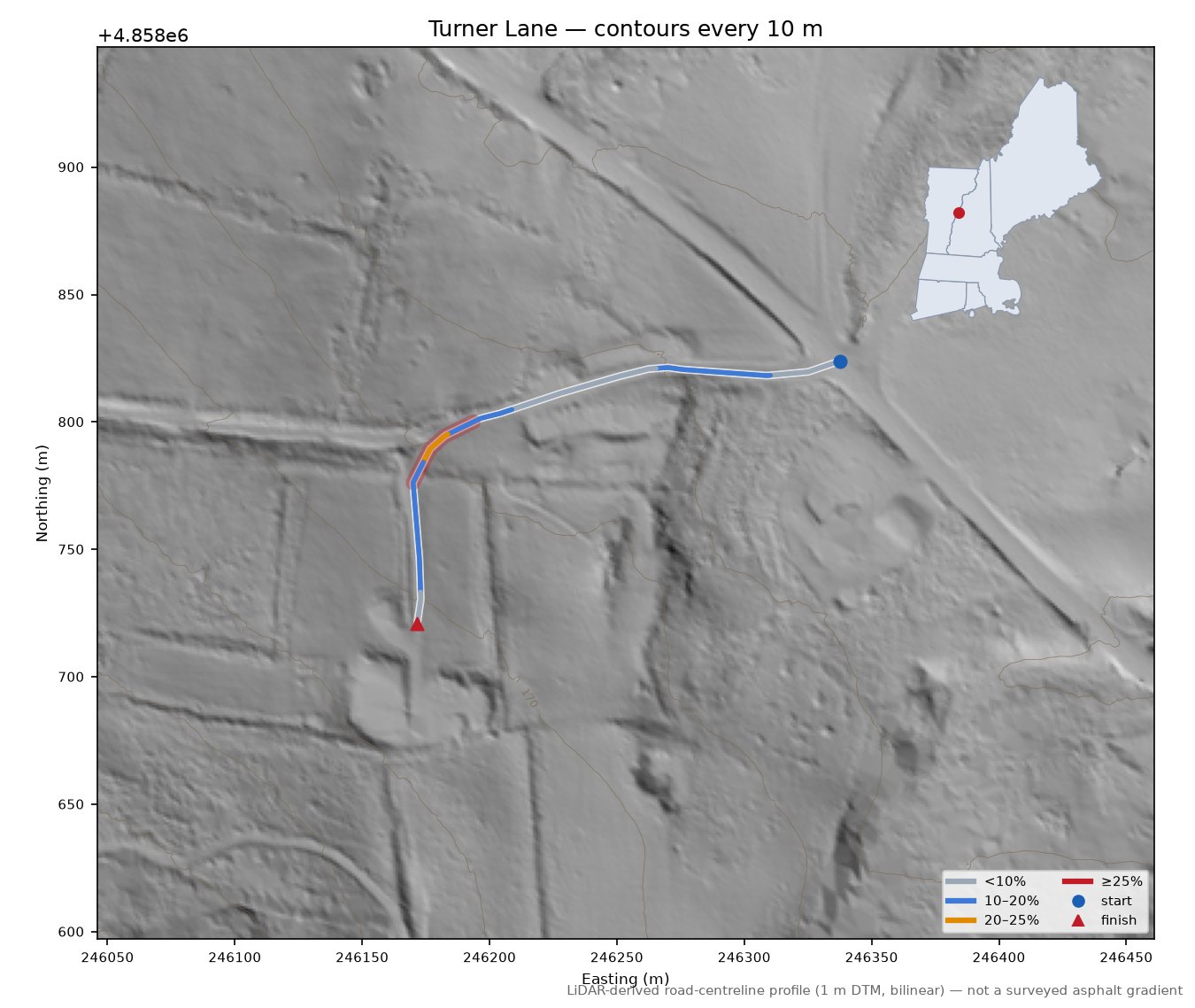 Turner Lane LiDAR hillshade map with contours