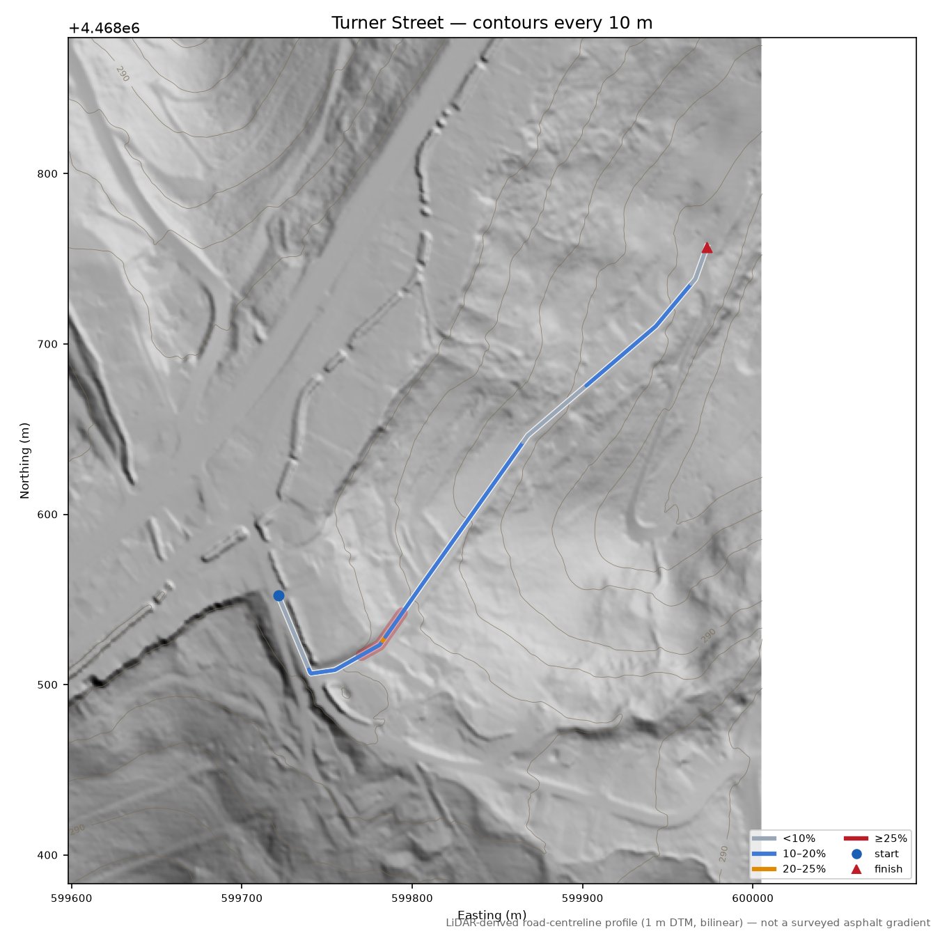 Turner Street LiDAR hillshade map with contours