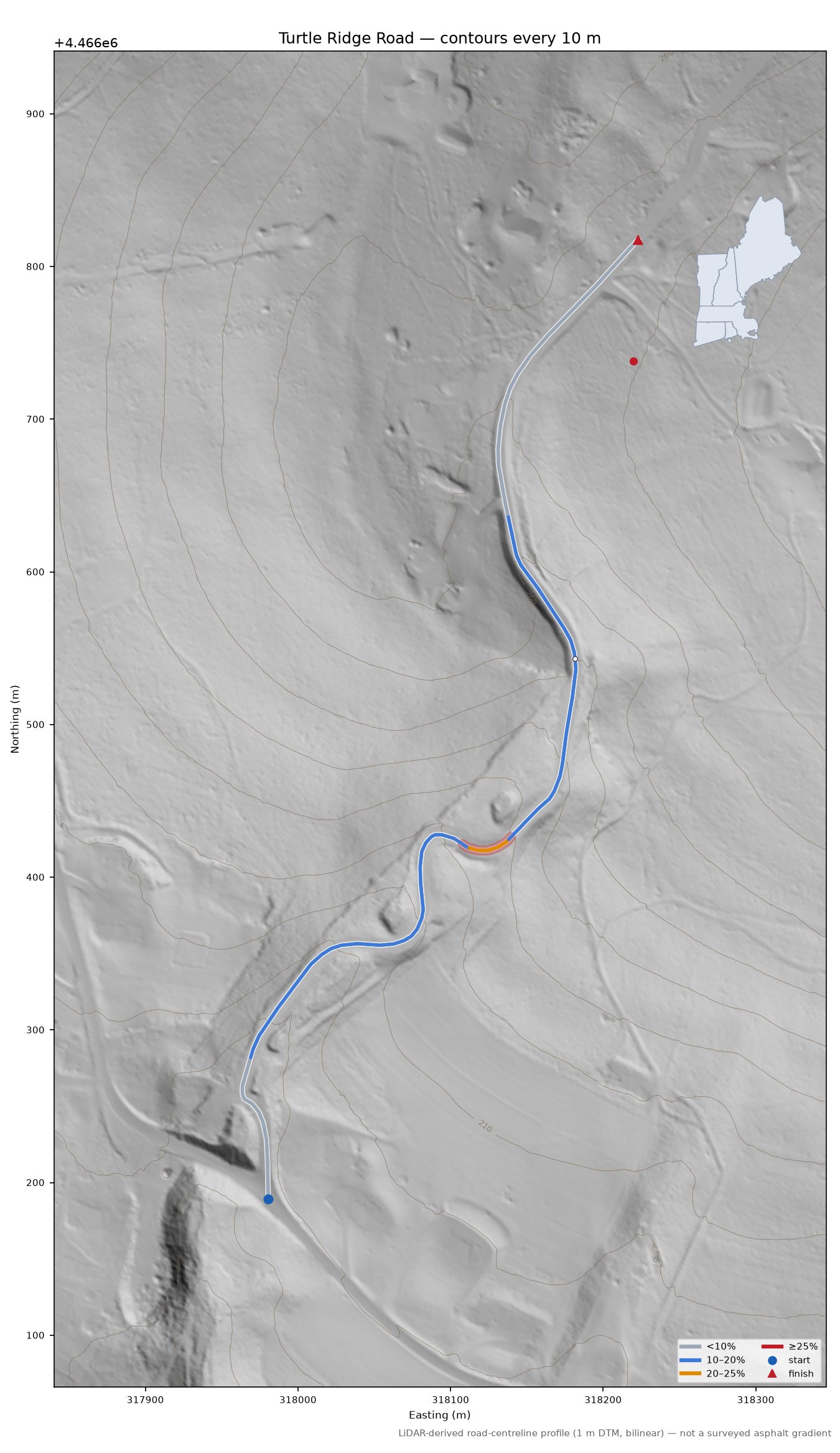 Turtle Ridge Road LiDAR hillshade map with contours