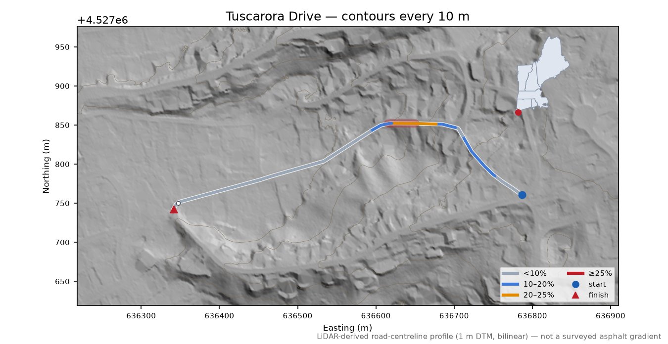 Tuscarora Drive LiDAR hillshade map with contours