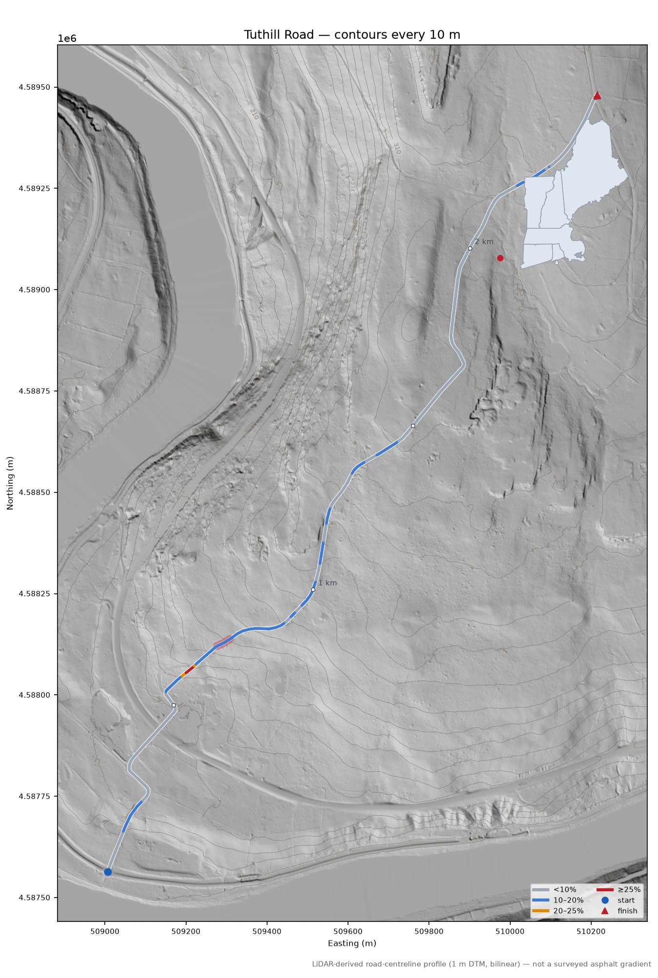 Tuthill Road LiDAR hillshade map with contours