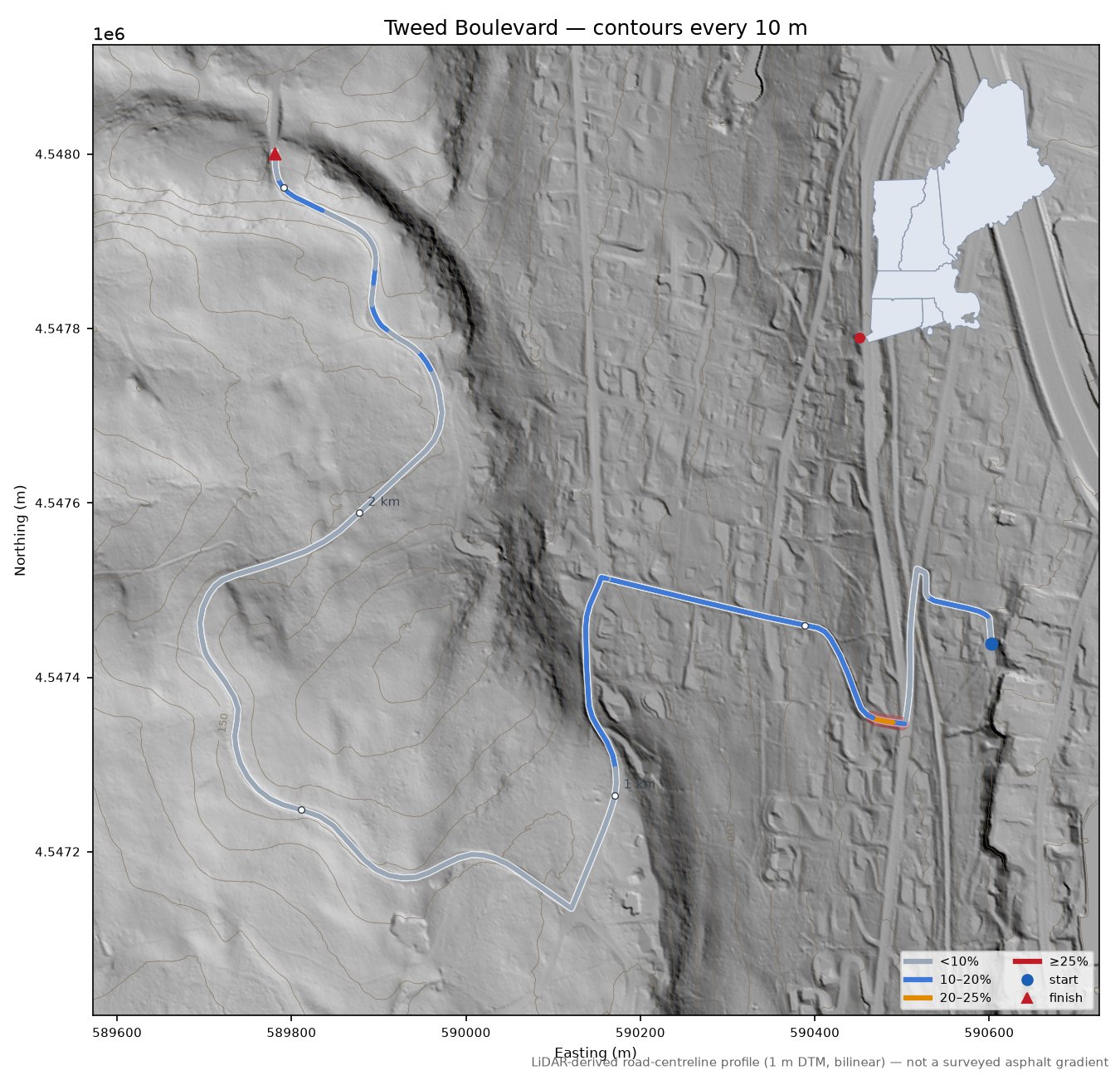Tweed Boulevard LiDAR hillshade map with contours