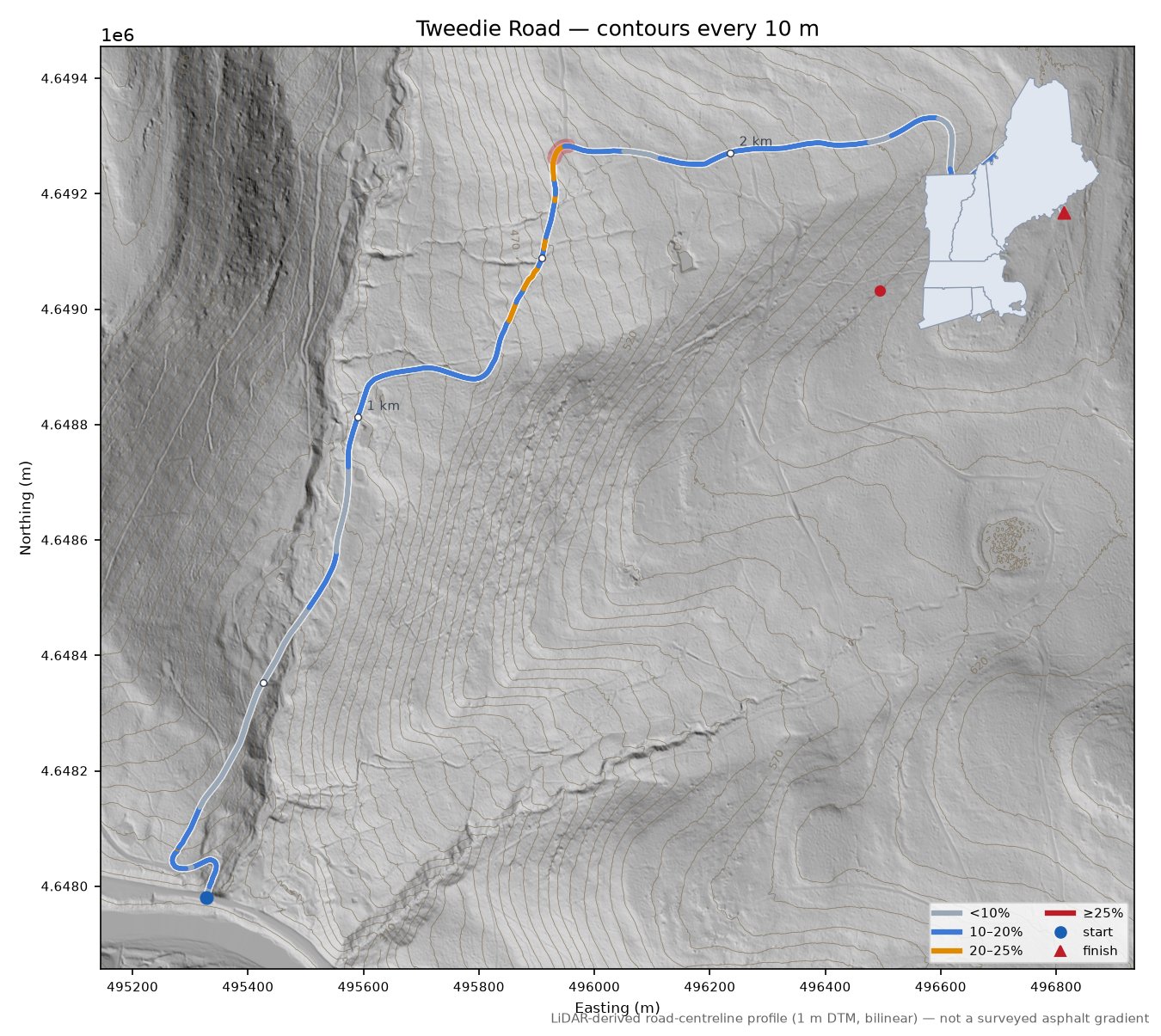 Tweedie Road LiDAR hillshade map with contours