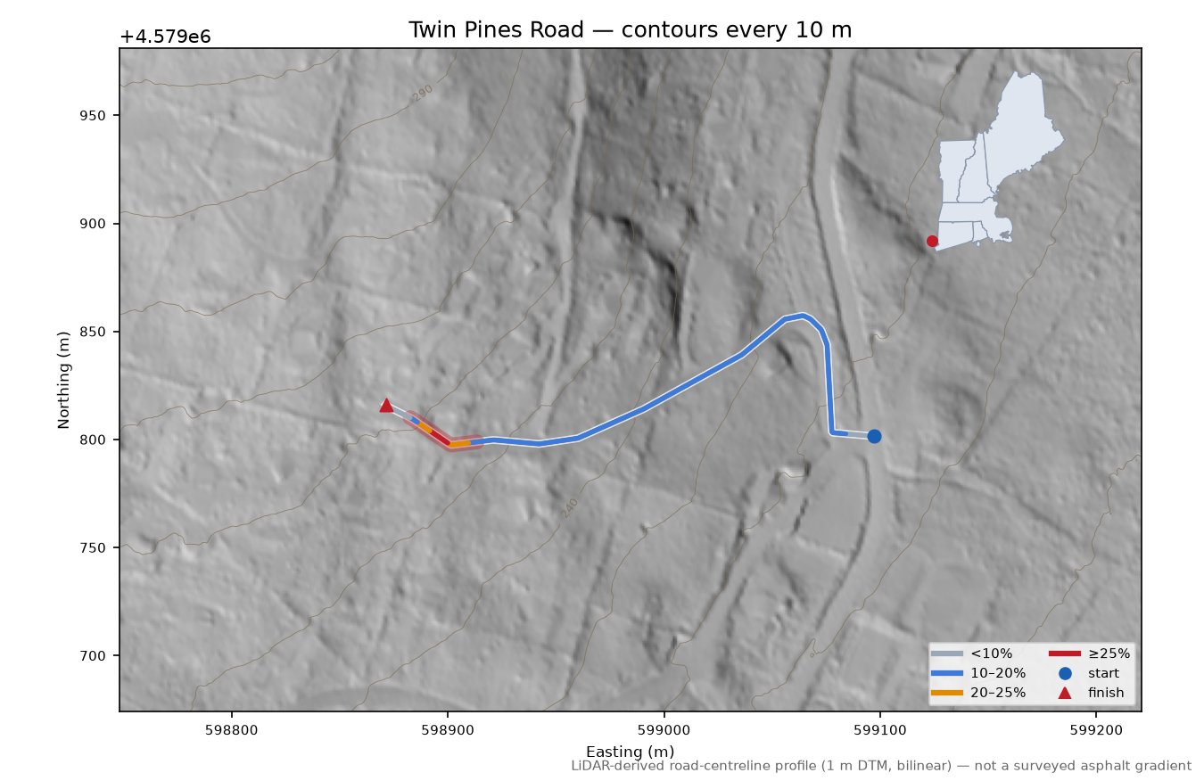 Twin Pines Road LiDAR hillshade map with contours