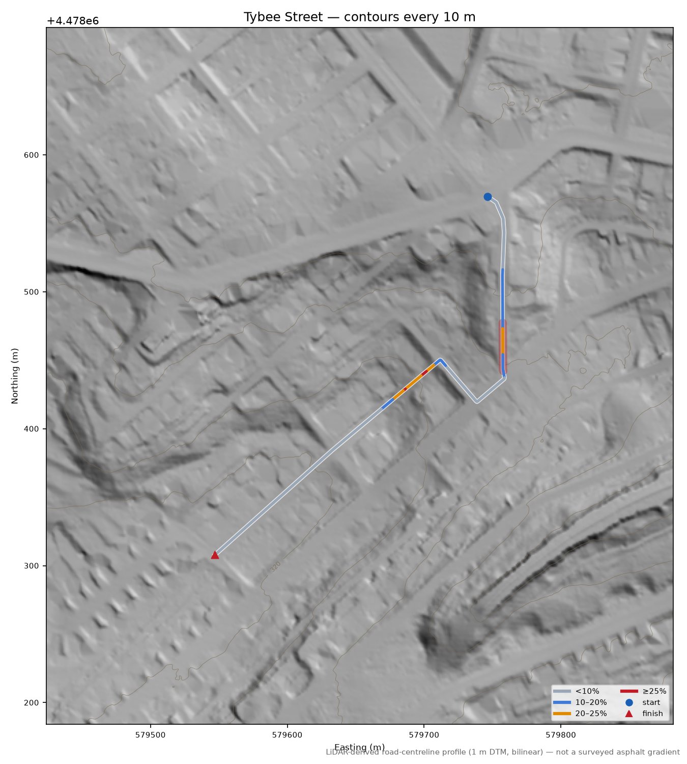 Tybee Street LiDAR hillshade map with contours