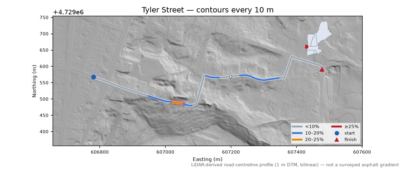Tyler Street LiDAR hillshade map with contours