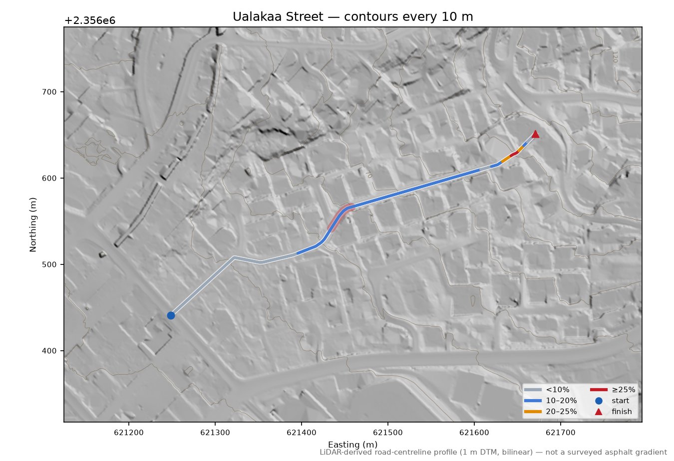 Ualakaa Street LiDAR hillshade map with contours