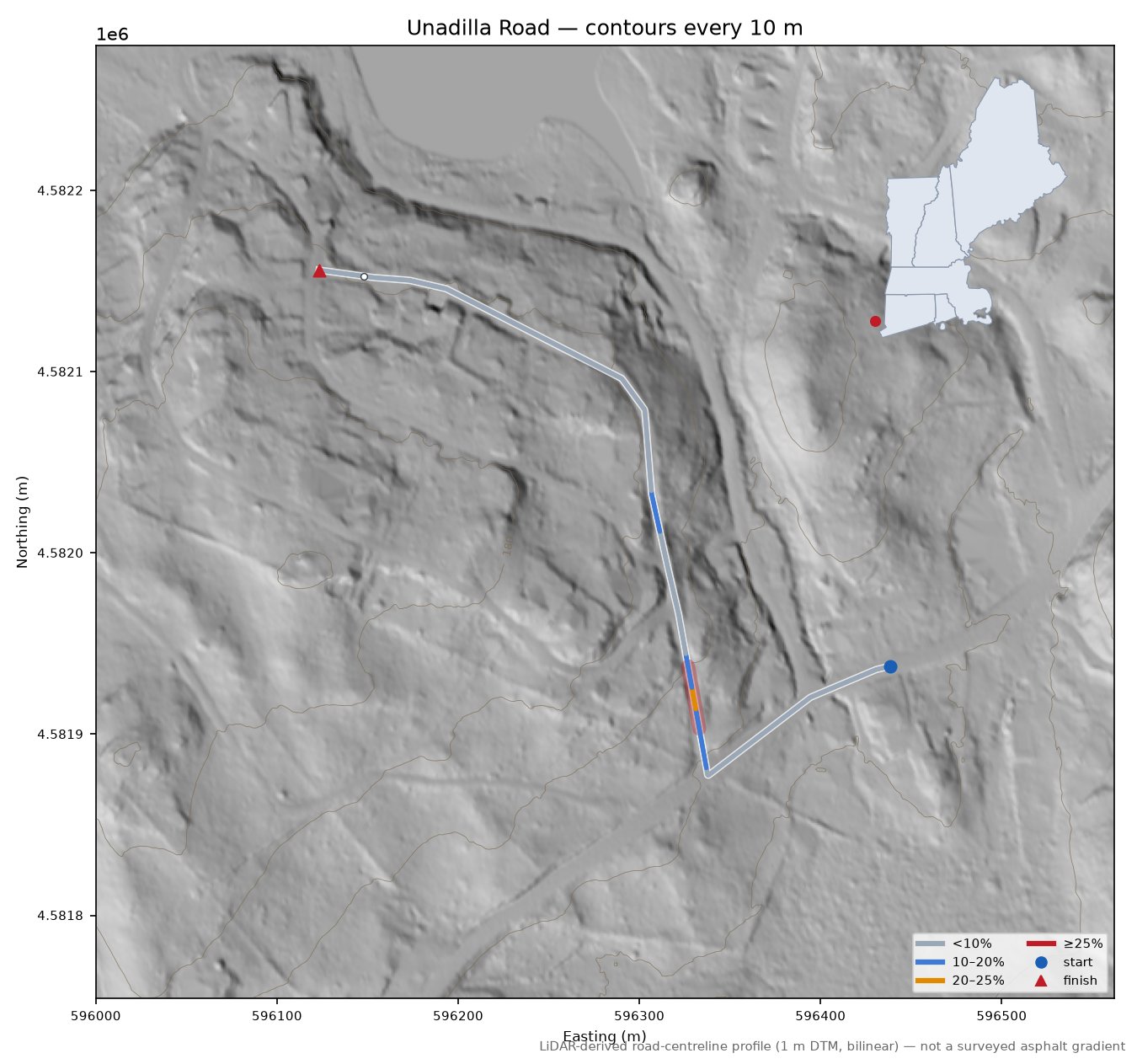 Unadilla Road LiDAR hillshade map with contours