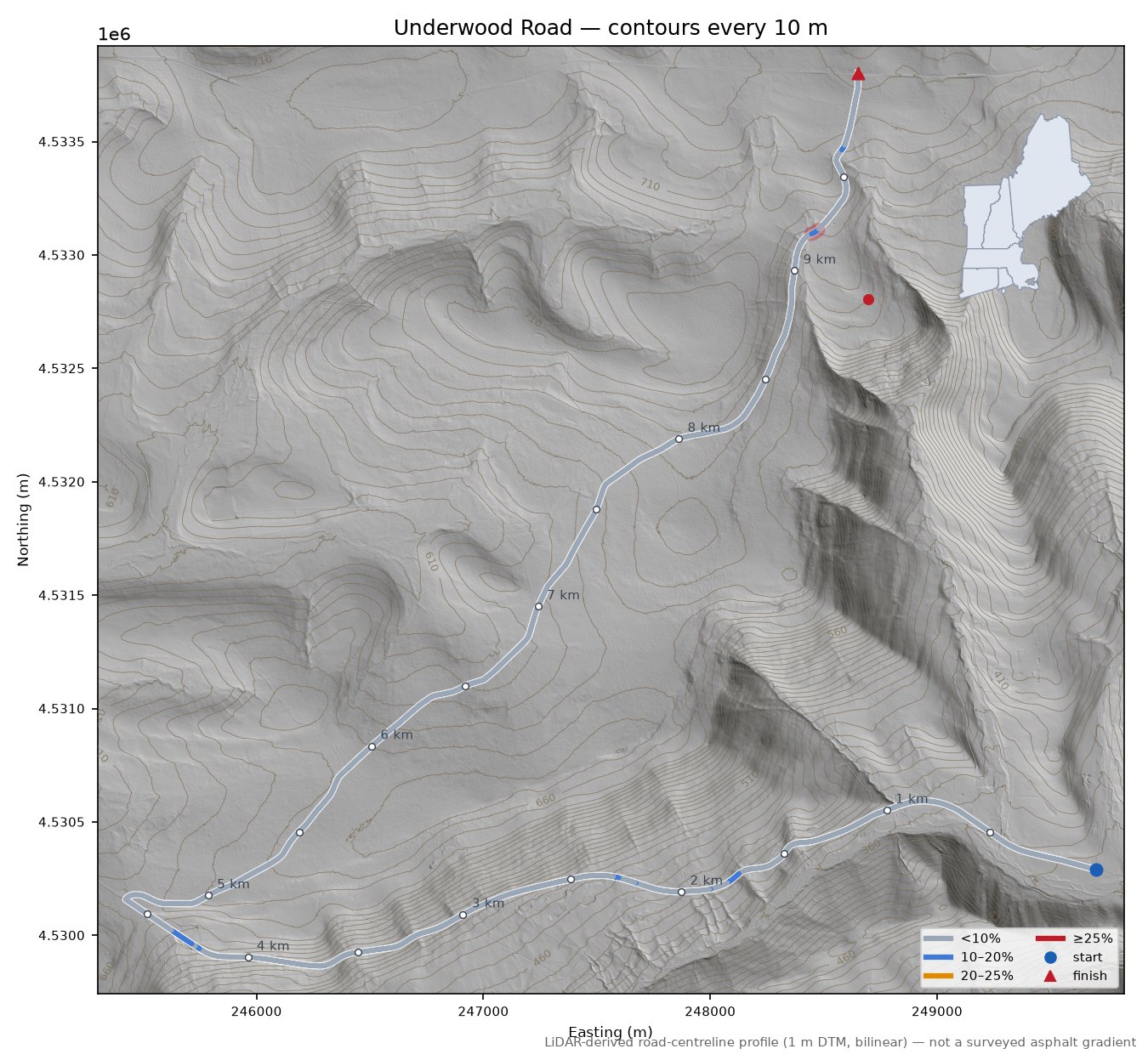 Underwood Road LiDAR hillshade map with contours