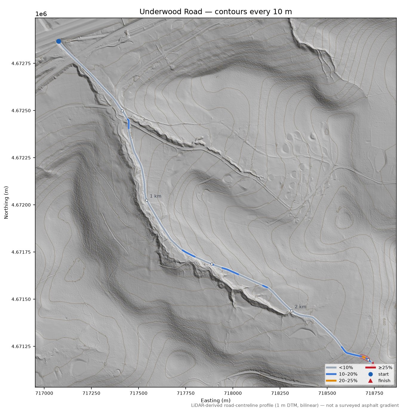 Underwood Road LiDAR hillshade map with contours