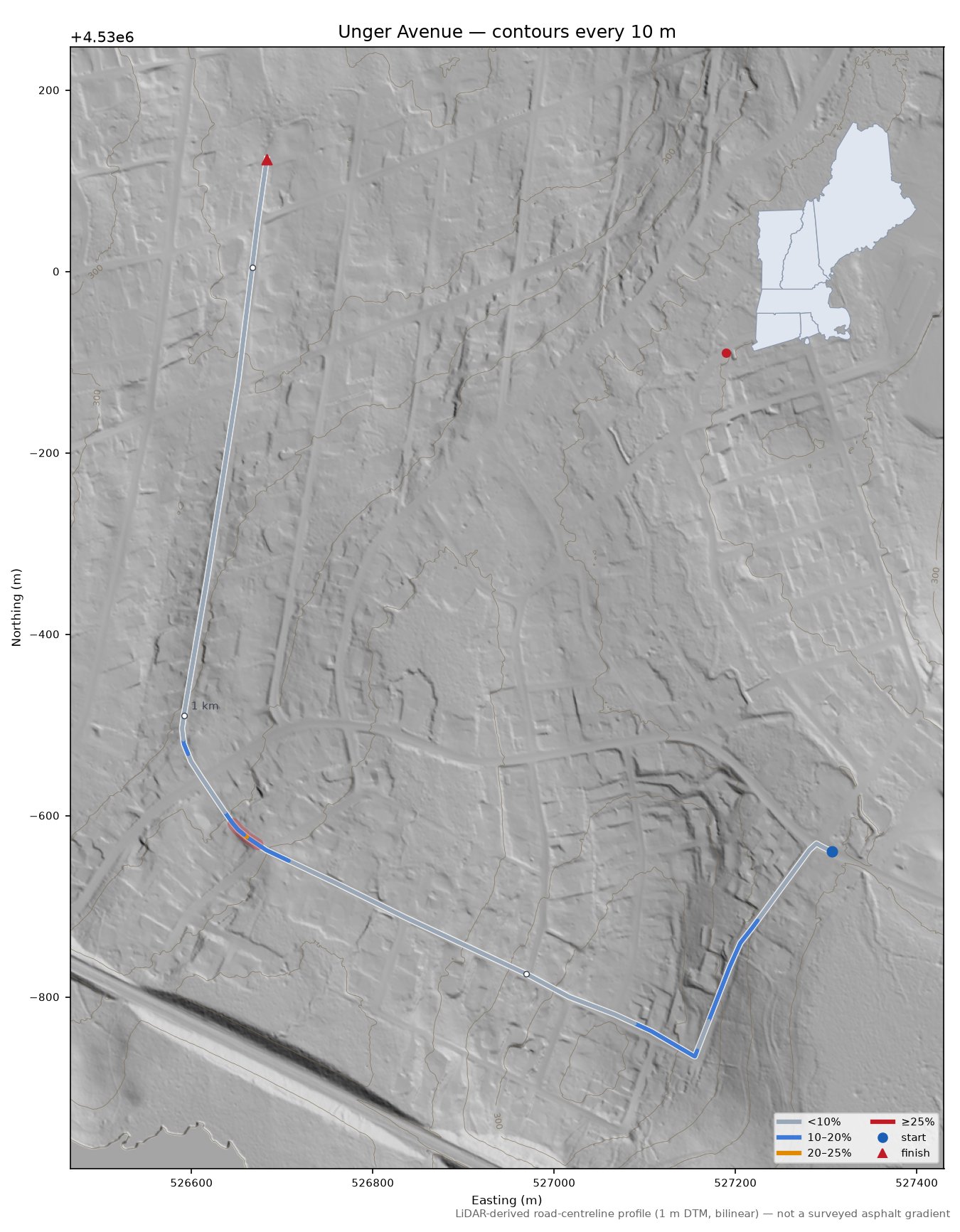 Unger Avenue LiDAR hillshade map with contours