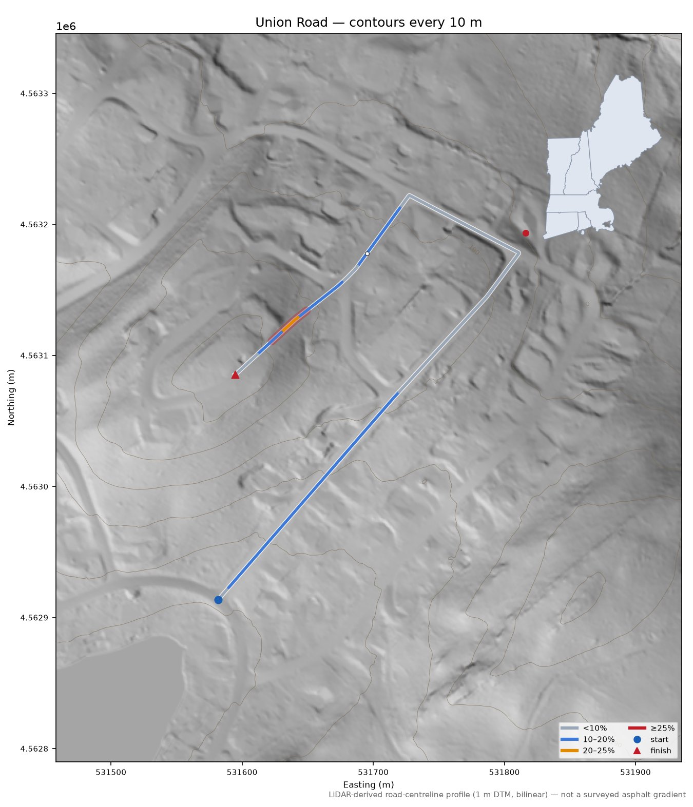 Union Road LiDAR hillshade map with contours