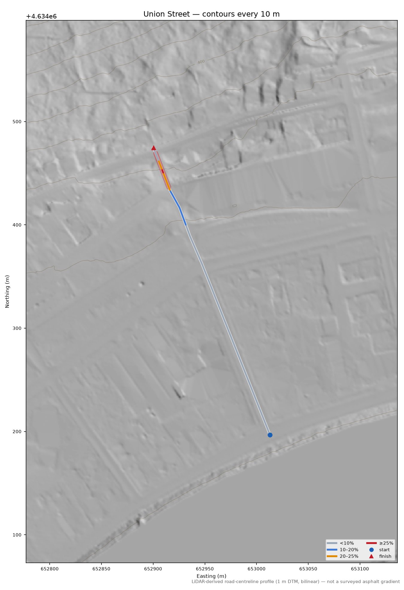 Union Street LiDAR hillshade map with contours