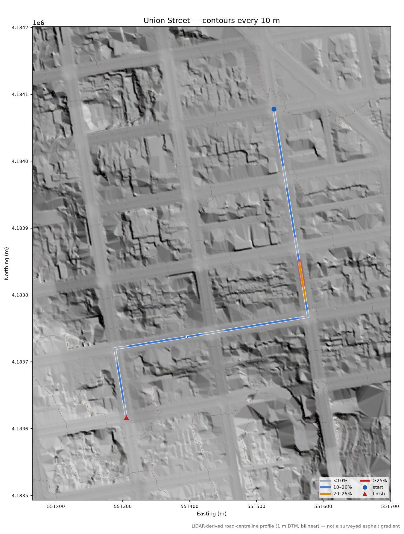 Taylor Street LiDAR hillshade map with contours