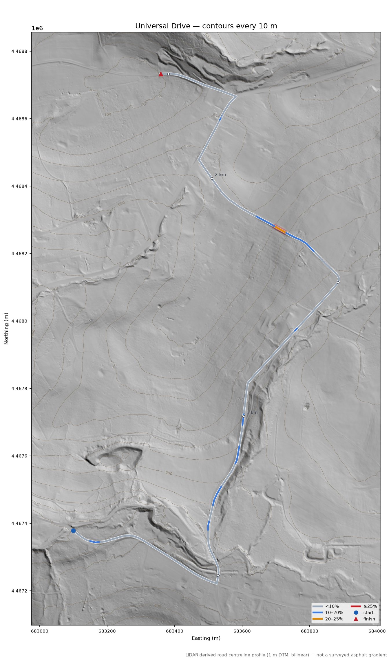 Universal Drive LiDAR hillshade map with contours