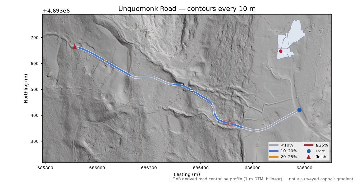 Unquomonk Road LiDAR hillshade map with contours