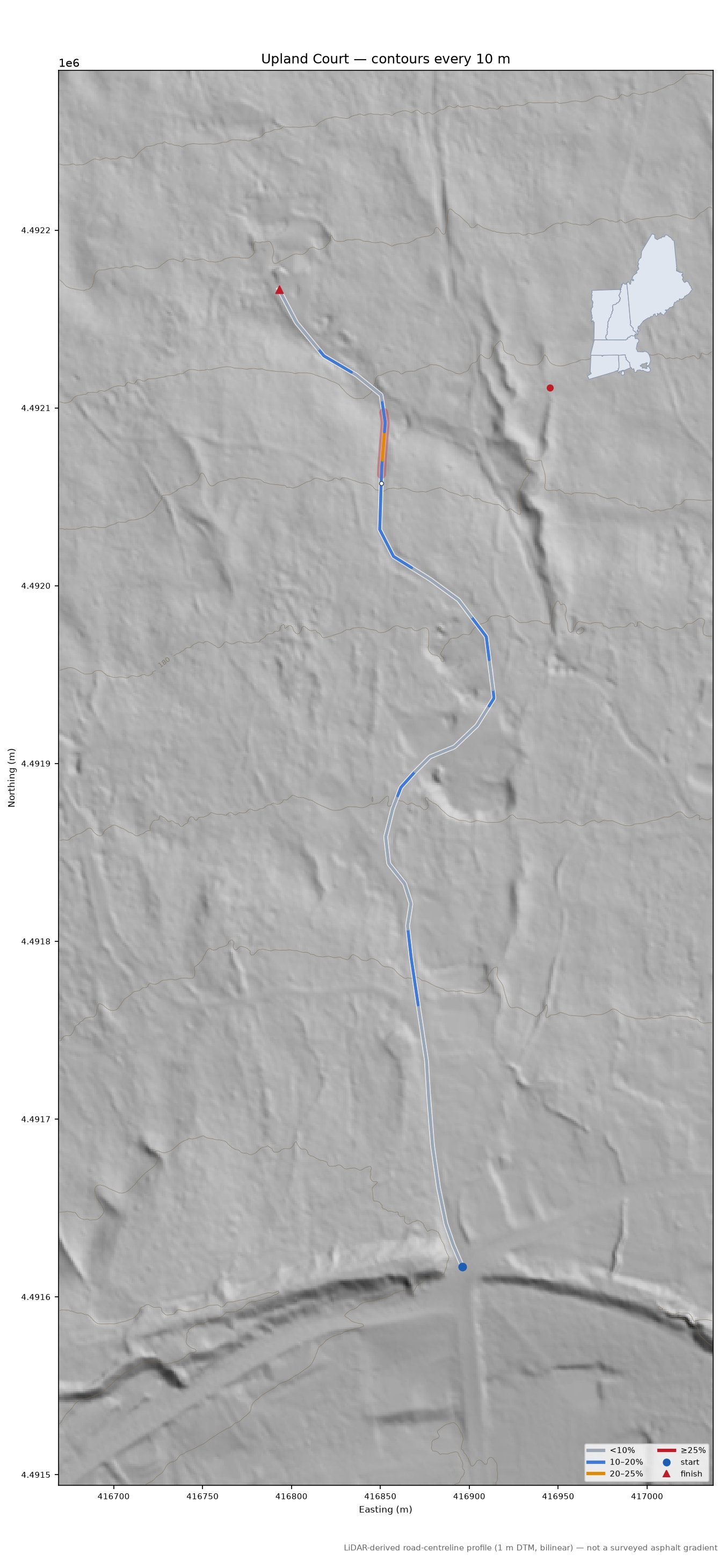 Upland Court LiDAR hillshade map with contours