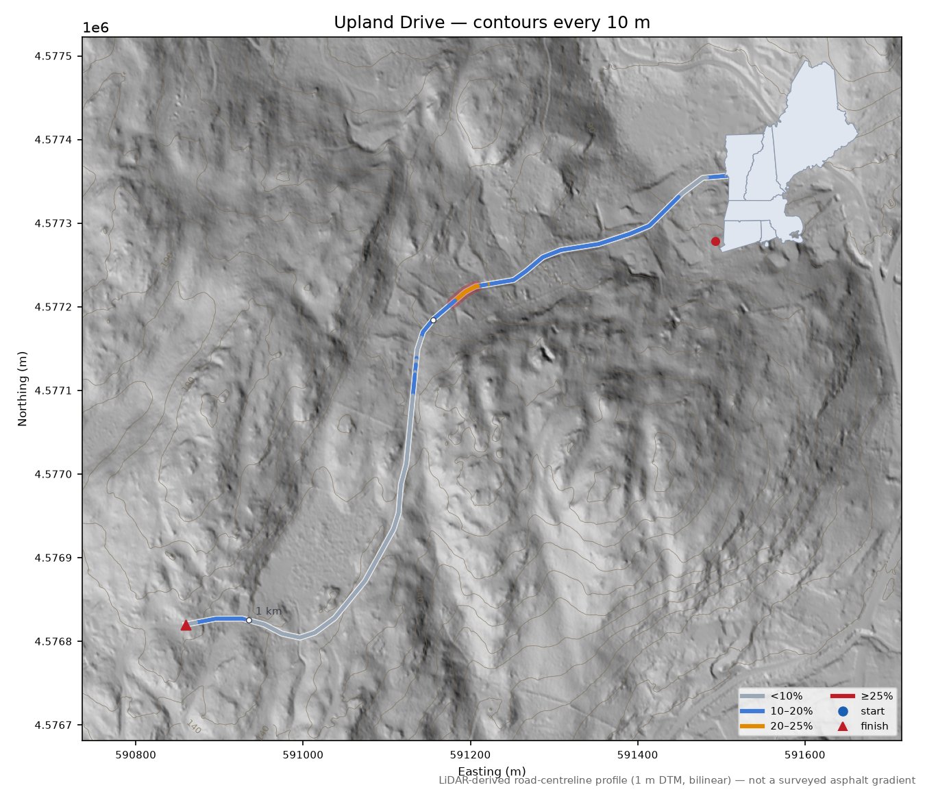 Upland Drive LiDAR hillshade map with contours