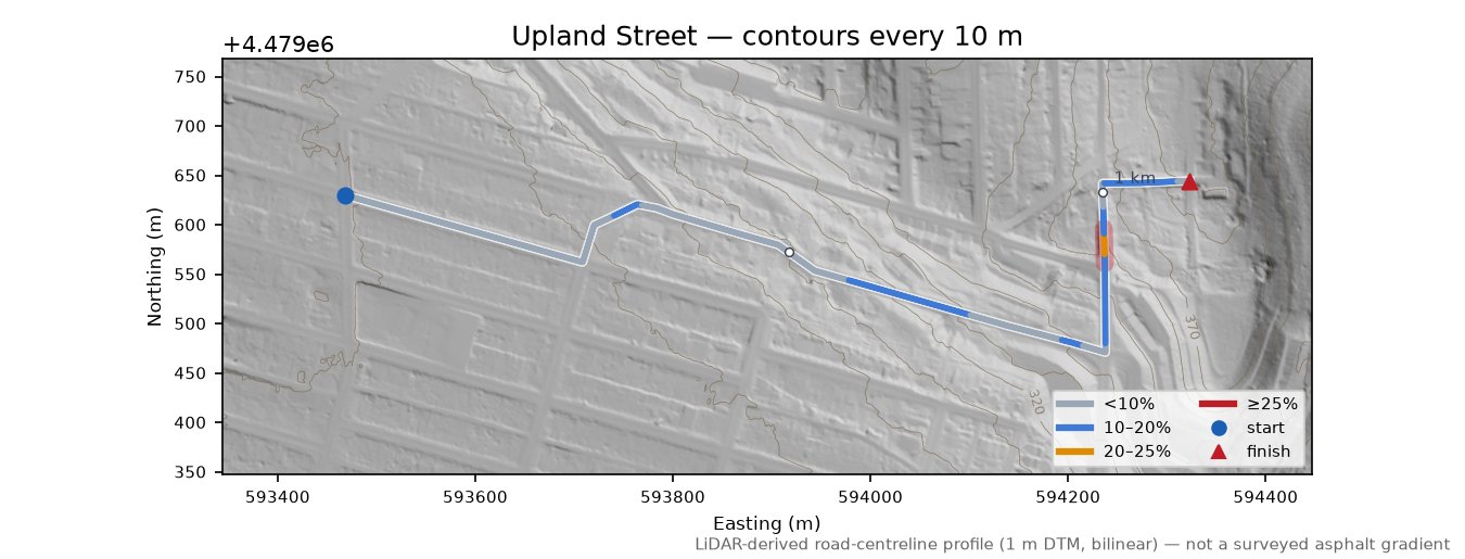 Upland Street LiDAR hillshade map with contours