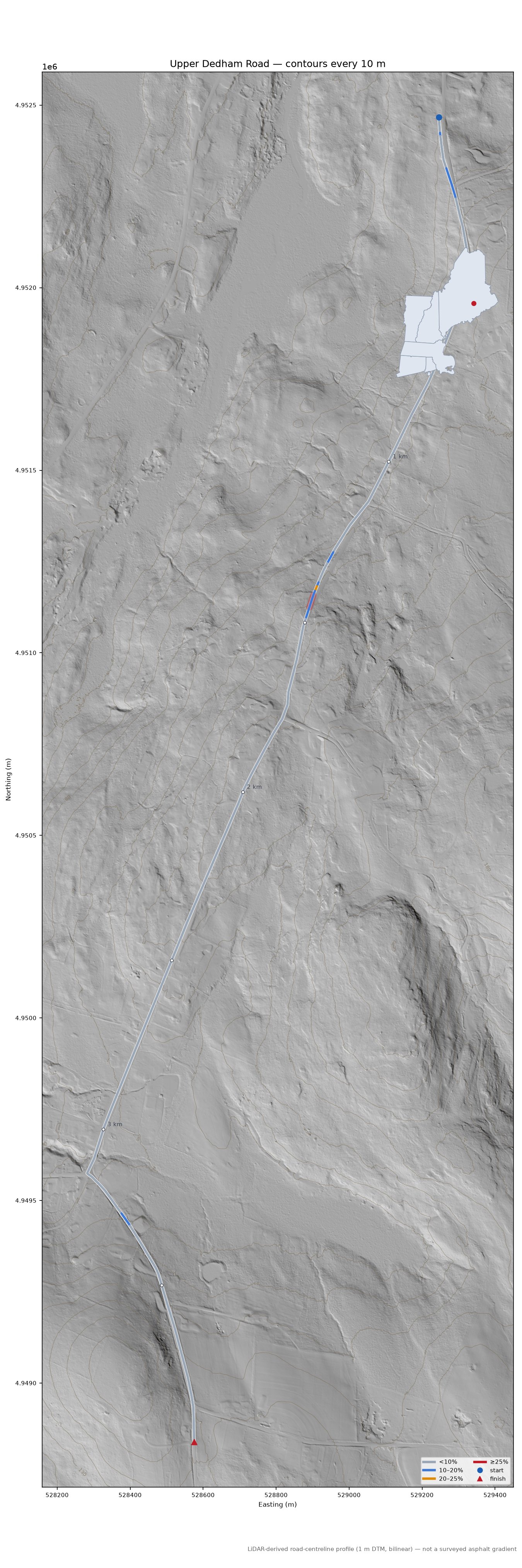 Upper Dedham Road LiDAR hillshade map with contours
