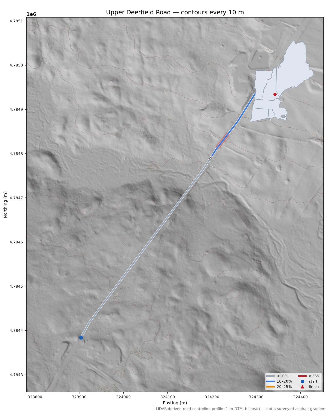 Upper Deerfield Road LiDAR hillshade map with contours