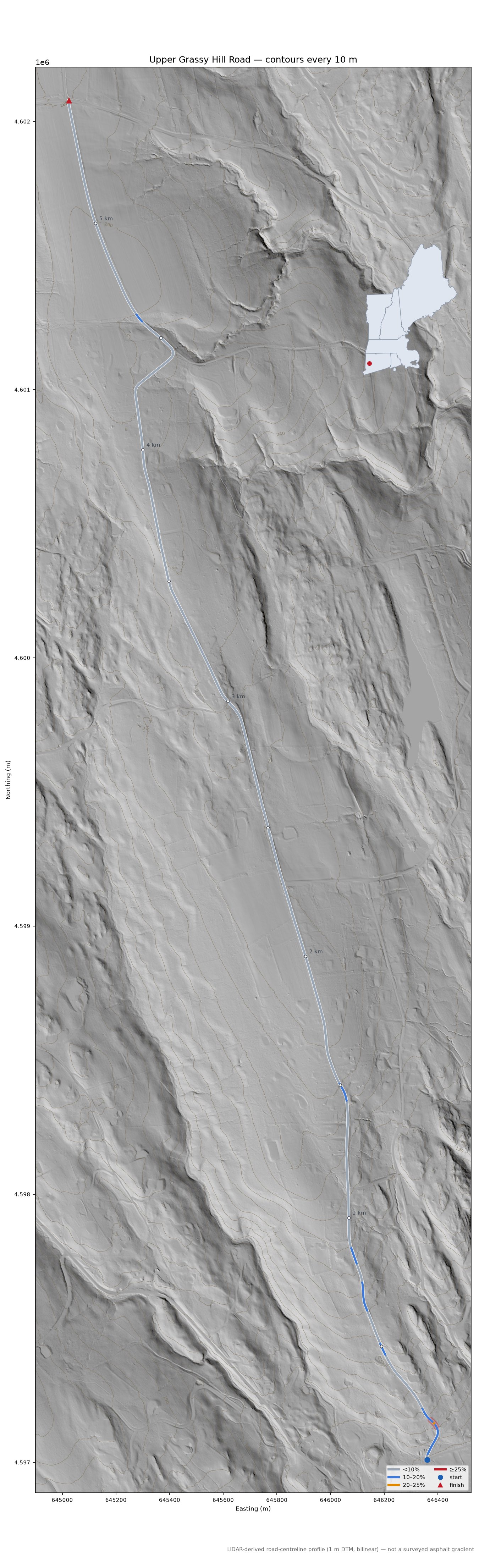 Upper Grassy Hill Road LiDAR hillshade map with contours