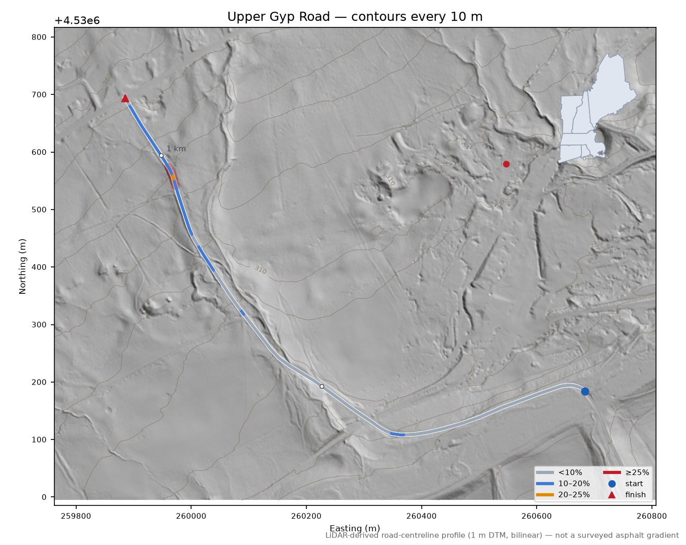 Upper Gyp Road LiDAR hillshade map with contours