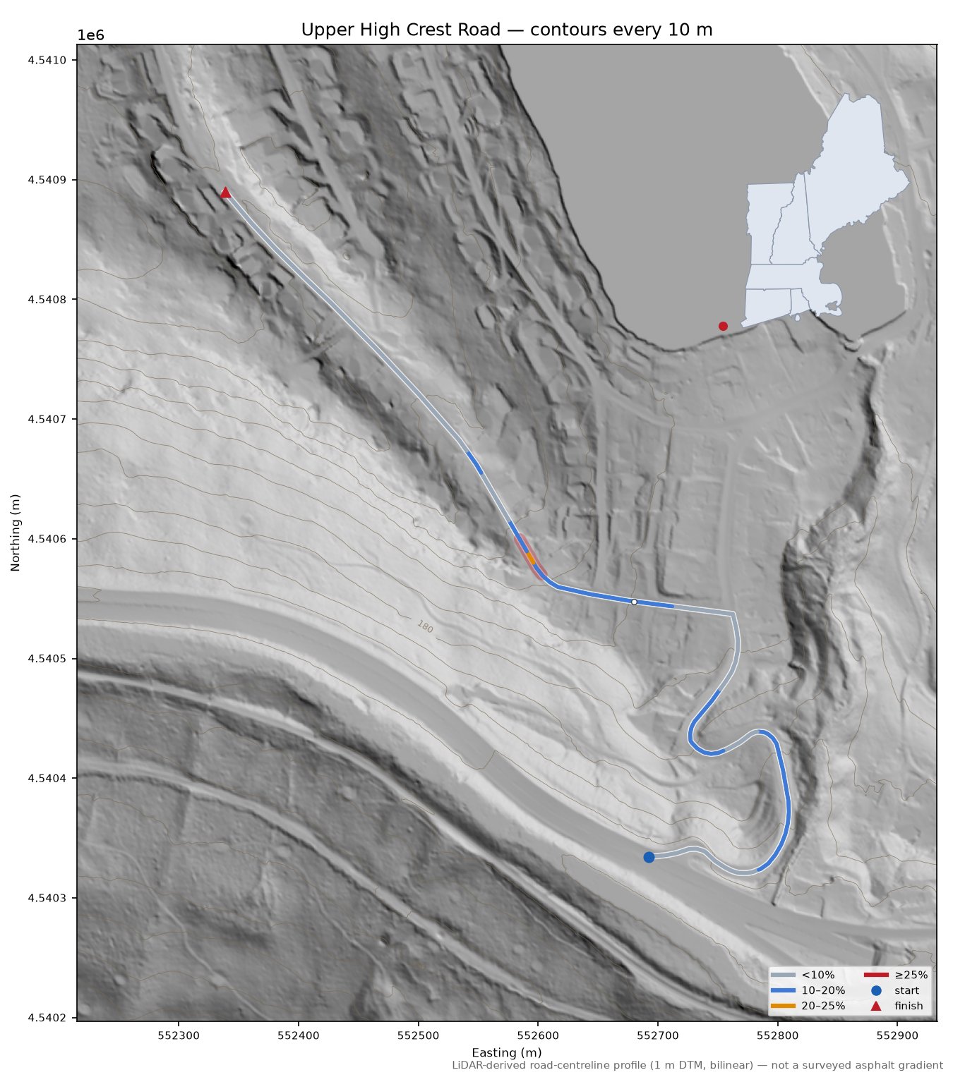 Upper High Crest Road LiDAR hillshade map with contours