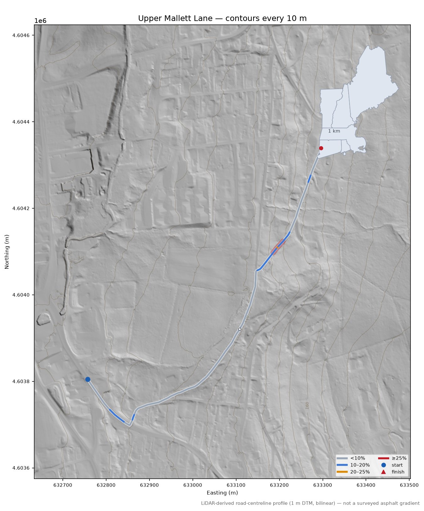 Upper Mallett Lane LiDAR hillshade map with contours