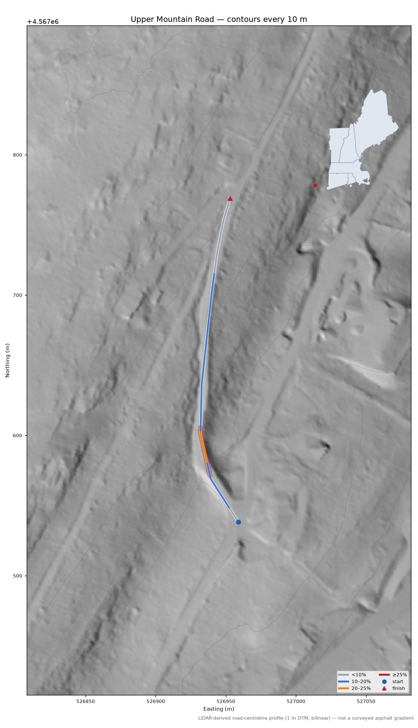 Upper Mountain Road LiDAR hillshade map with contours