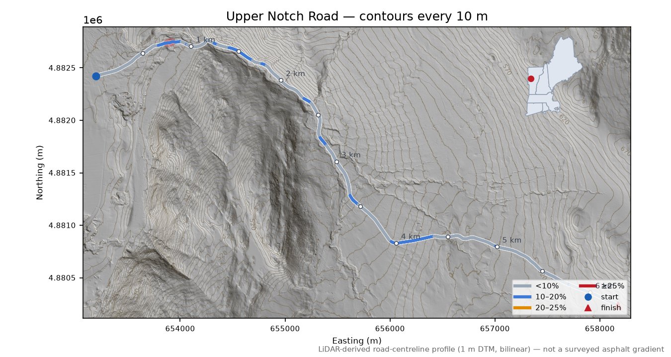 Upper Notch Road LiDAR hillshade map with contours