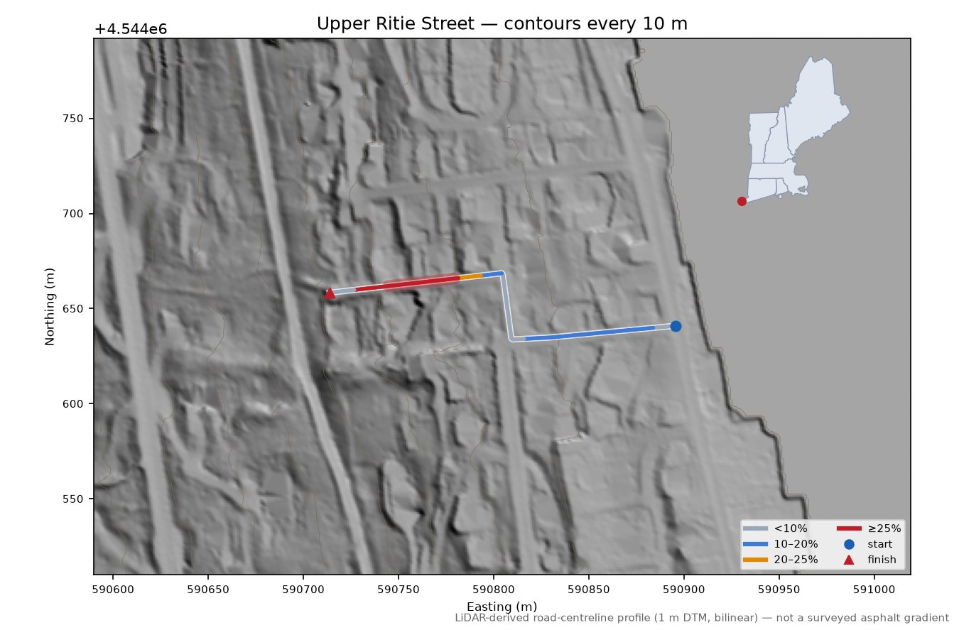 Upper Ritie Street LiDAR hillshade map with contours
