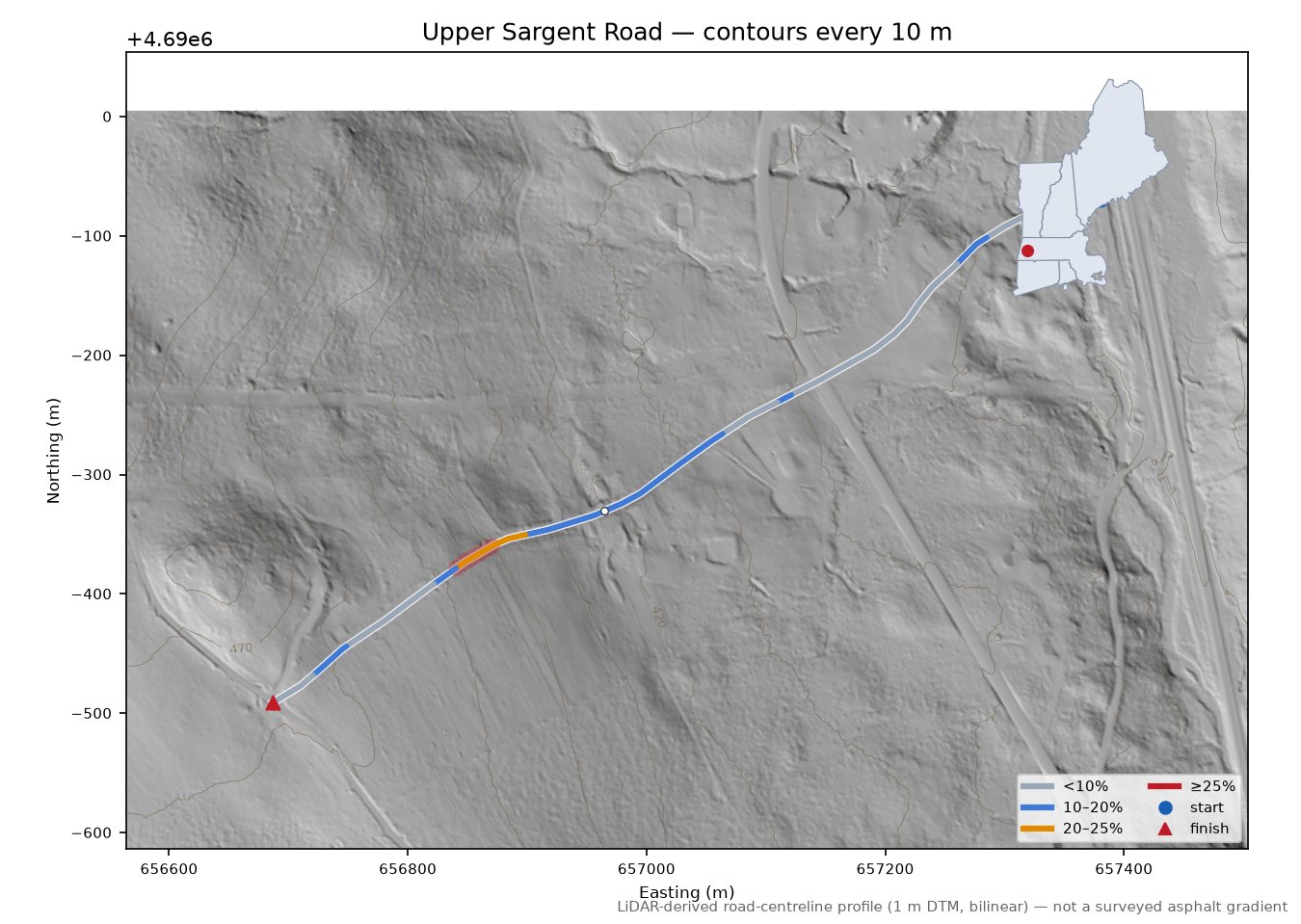 Upper Sargent Road LiDAR hillshade map with contours
