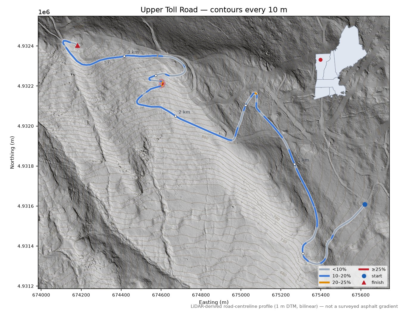 Upper Toll Road LiDAR hillshade map with contours