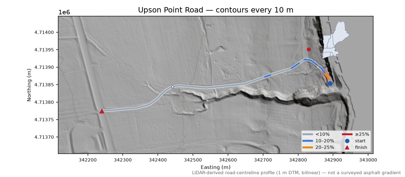 Upson Point Road LiDAR hillshade map with contours