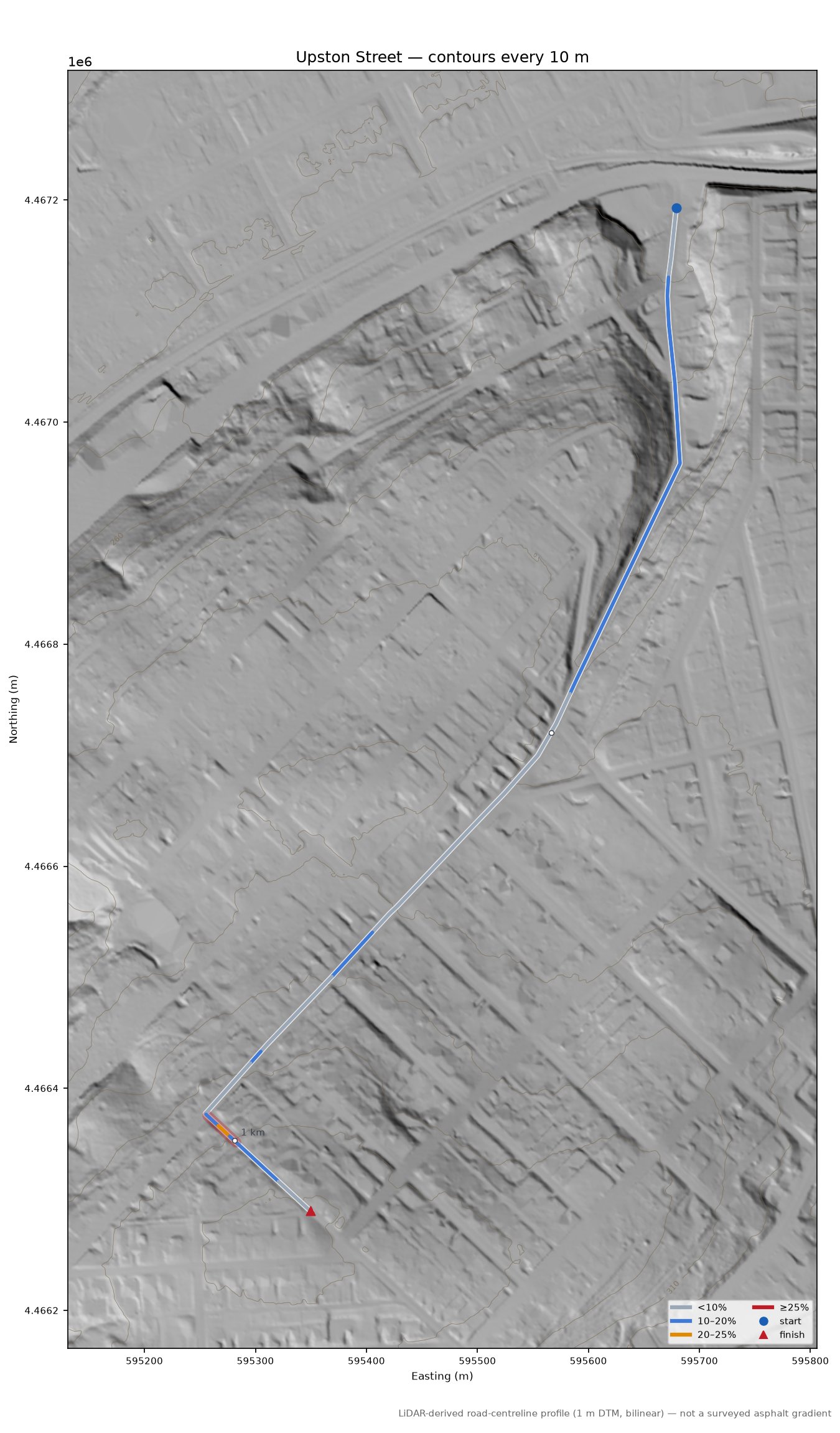 Upston Street LiDAR hillshade map with contours