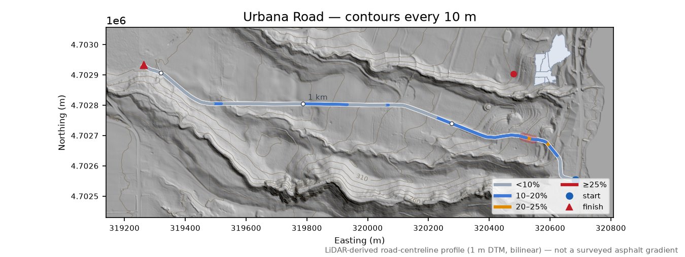 Urbana Road LiDAR hillshade map with contours