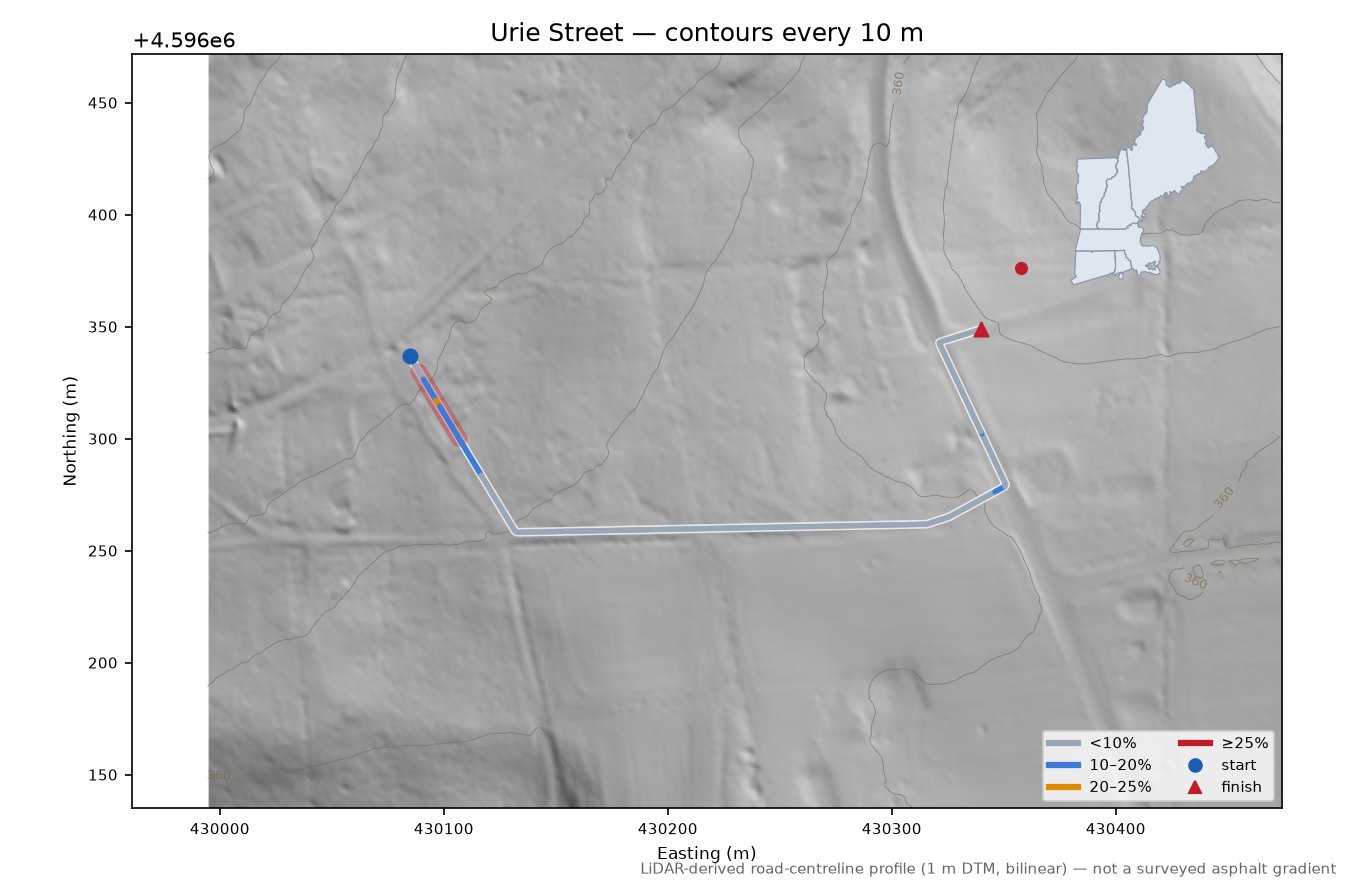 Urie Street LiDAR hillshade map with contours