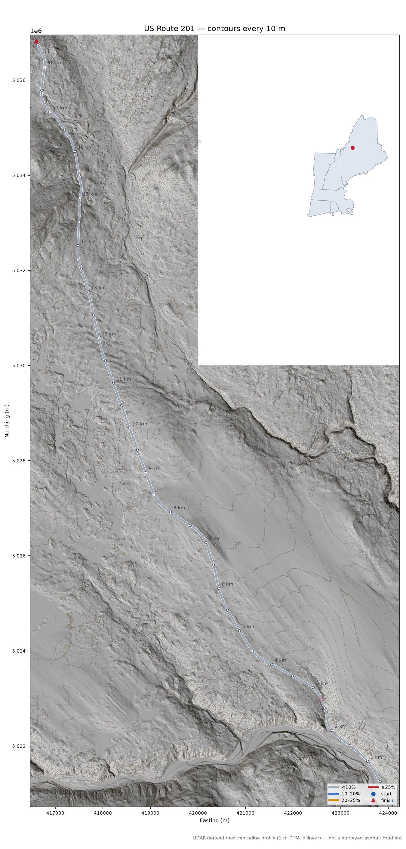 US Route 201 LiDAR hillshade map with contours