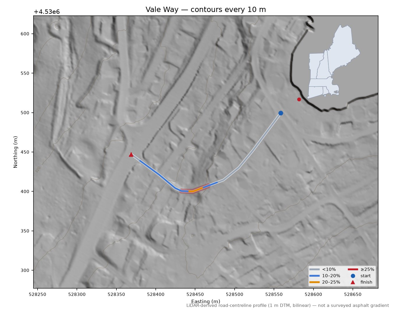 Vale Way LiDAR hillshade map with contours