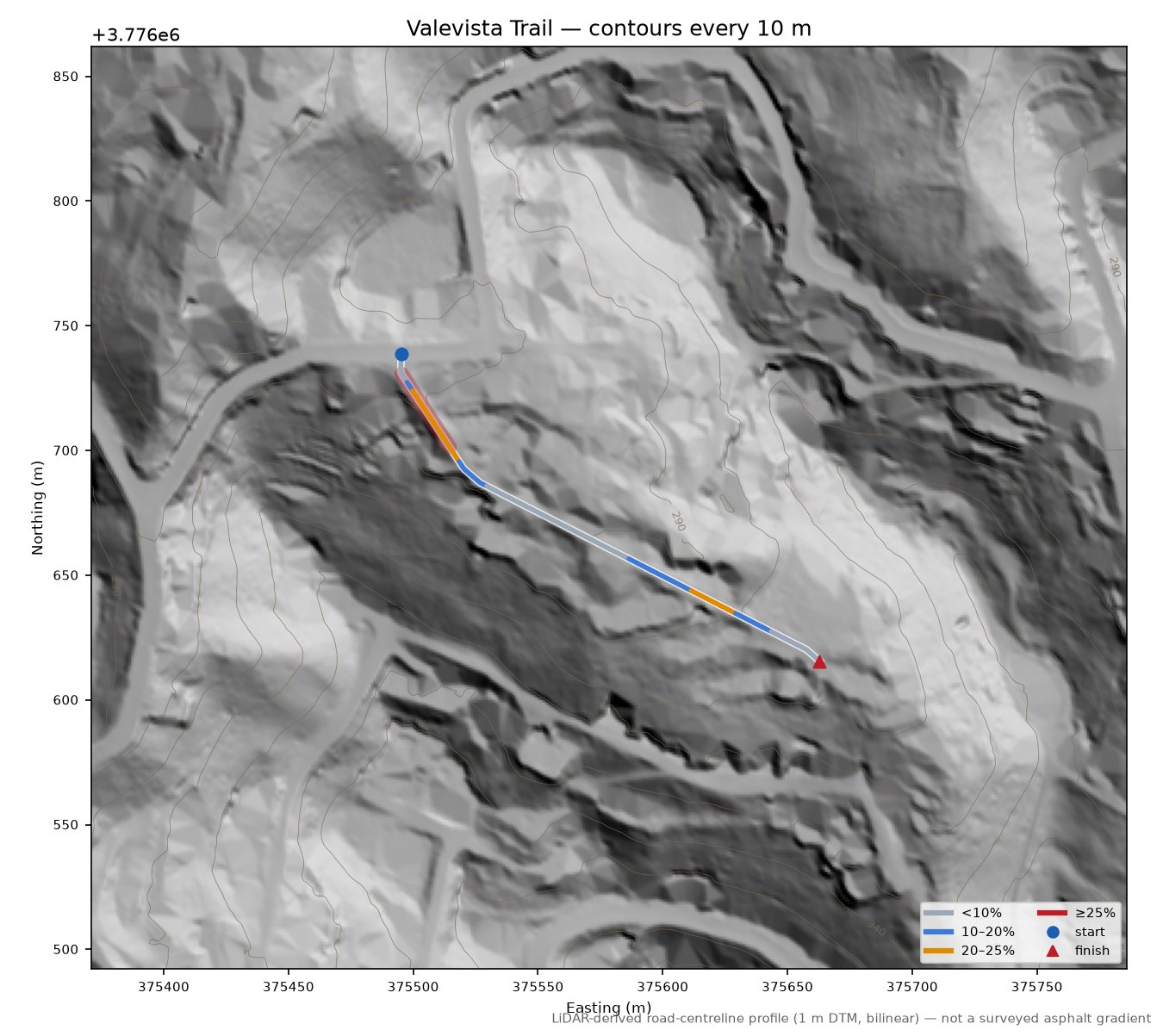 Valevista Trail LiDAR hillshade map with contours