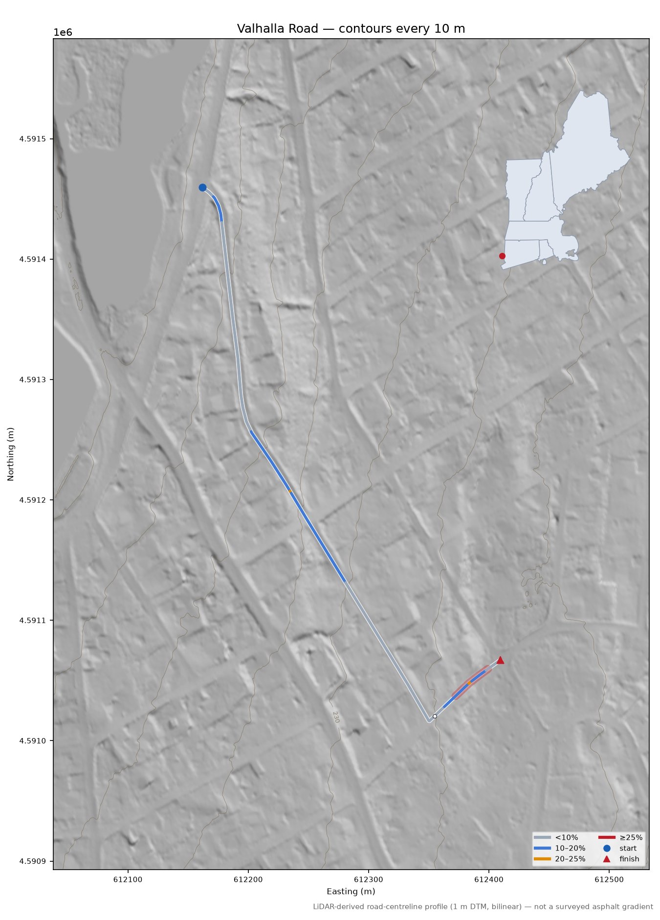 Valhalla Road LiDAR hillshade map with contours