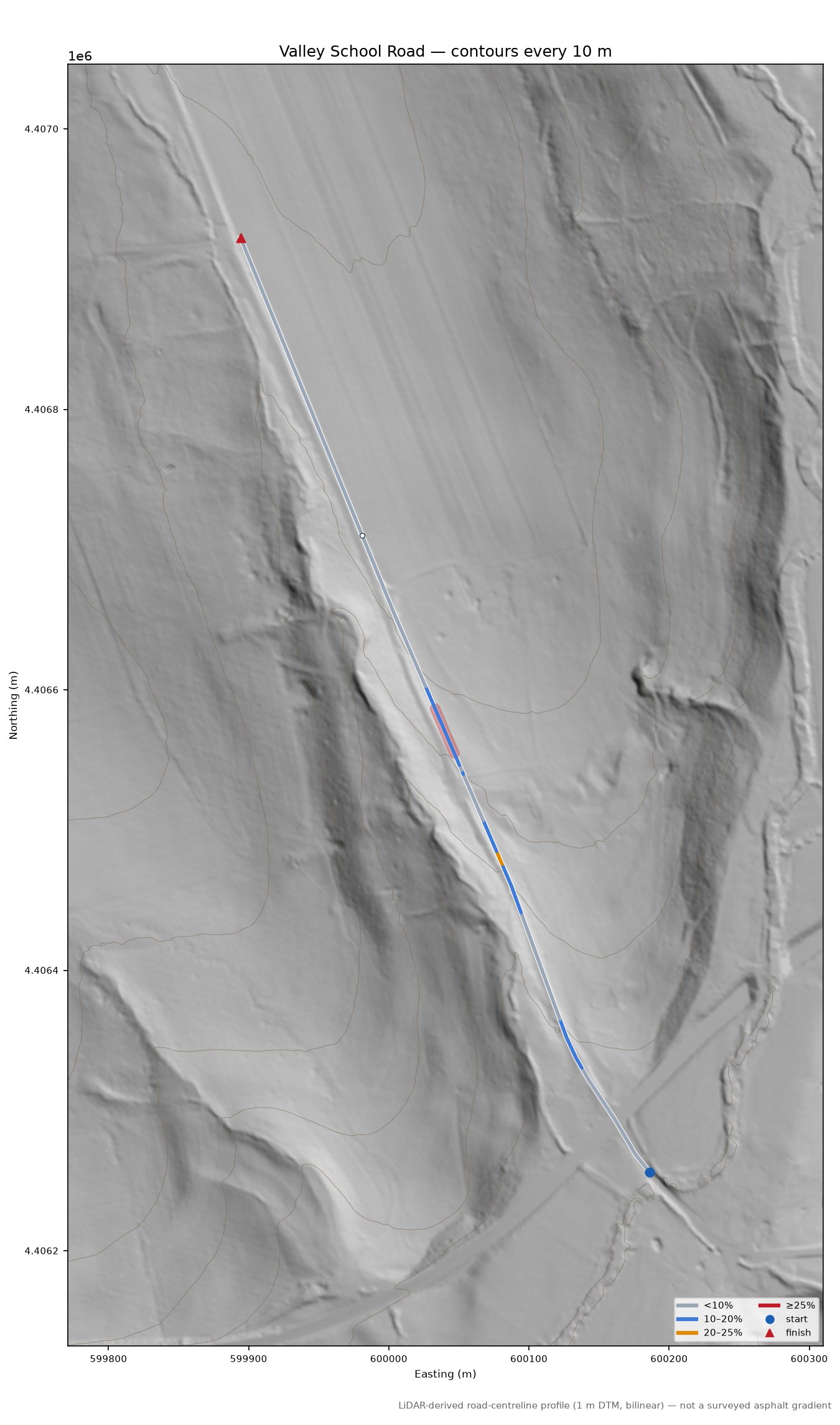 Valley School Road LiDAR hillshade map with contours