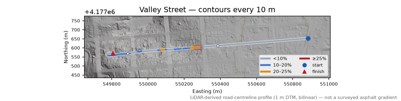 Valley Street LiDAR hillshade map with contours