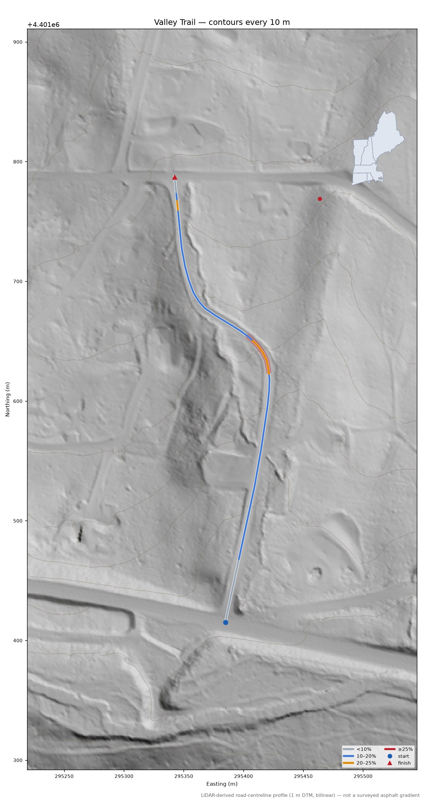 Valley Trail LiDAR hillshade map with contours