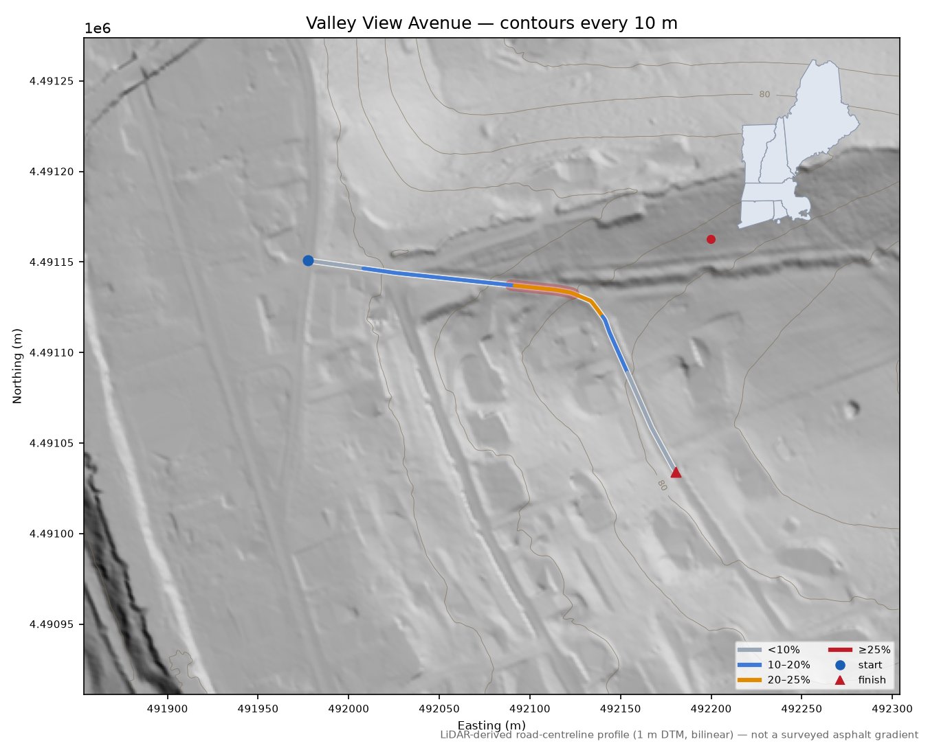 Valley View Avenue LiDAR hillshade map with contours