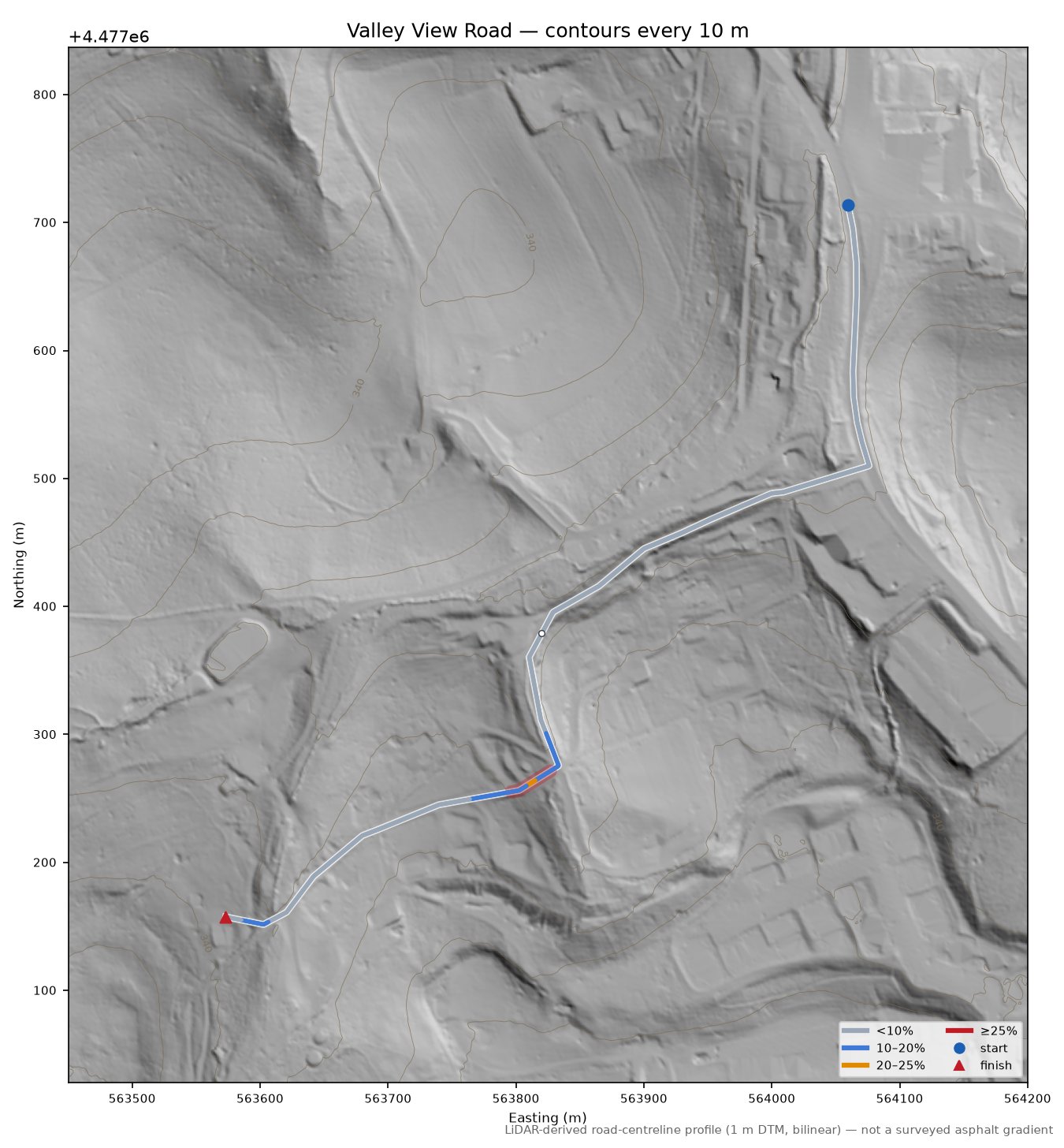 Valley View Road LiDAR hillshade map with contours